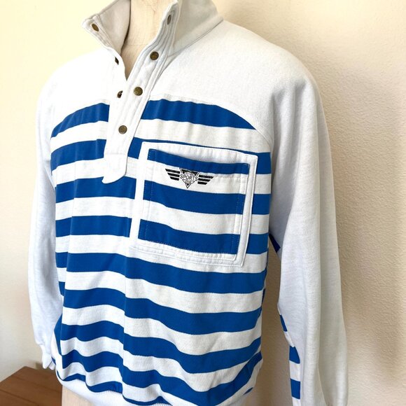 80's Trader Bay Sweatshirt - Polo Pullover - Striped - Blue & White - Size XL - Picture 2 of 7